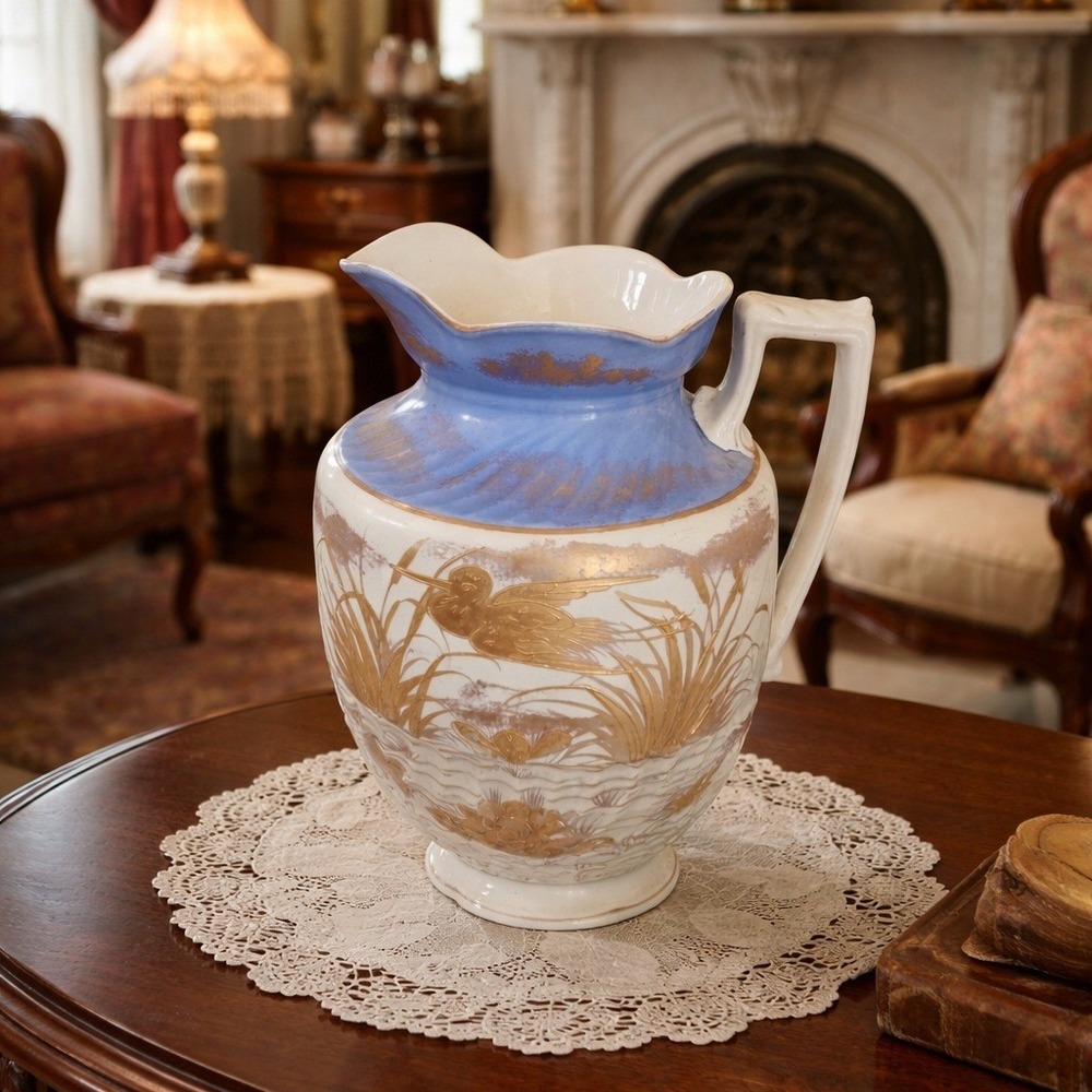 Antique 1888 Staffordshire Ceramic Pitcher Blue Gold Bird‎ Water Lily Floral